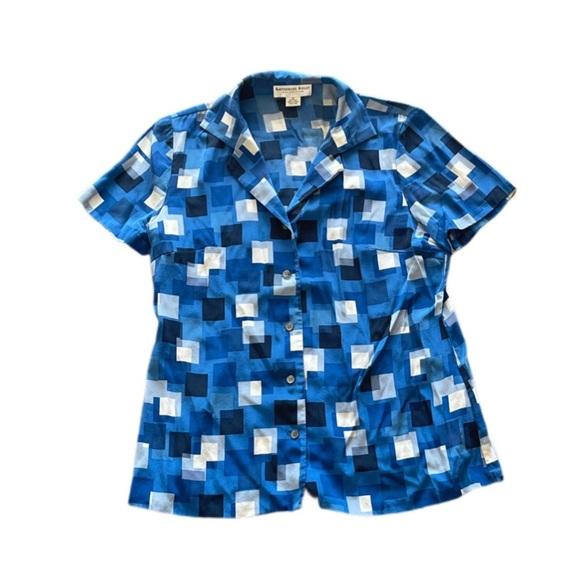 Katherine Kelly 100% Silk Blue Square Short Sleeve Button Down Blouse Women’s 12 - Picture 3 of 8